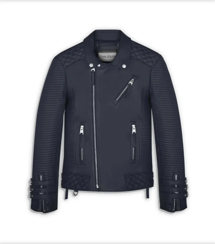 Men Leather Jacket Biker Style Alexander - Navy