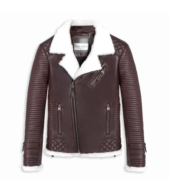 Shearling Leather Jacket Biker Style Alexander - Brown