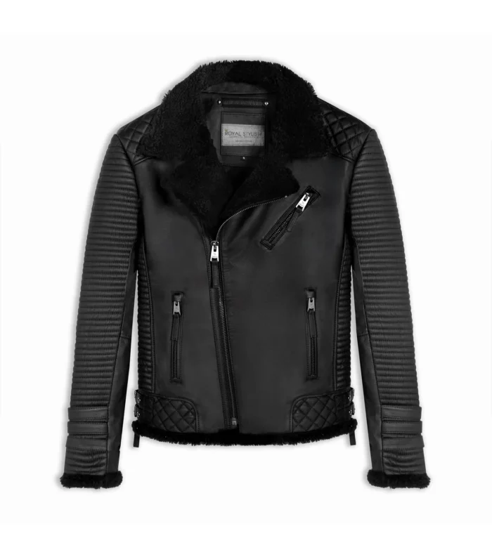 Shearling Leather Jacket Biker Style Alexander - Black