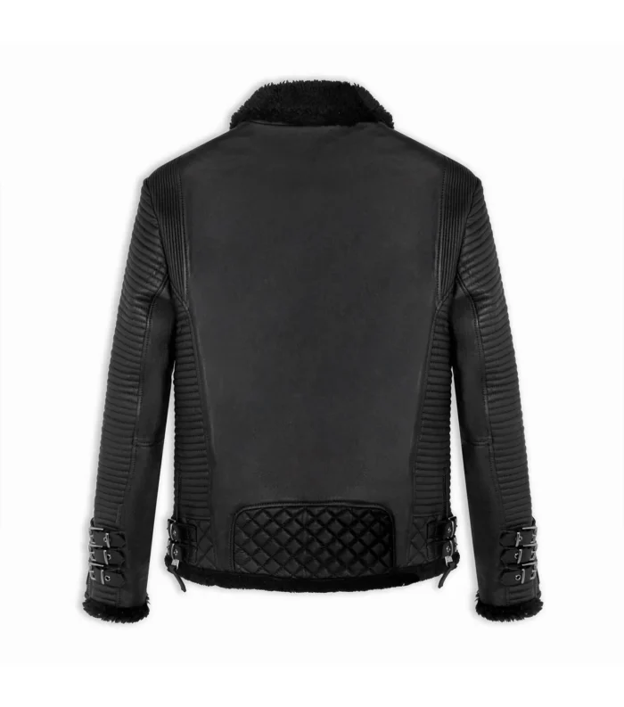 Shearling Leather Jacket Biker Style Alexander - Black