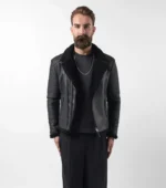 Shearling Leather Jacket Biker Style Alexander - Black