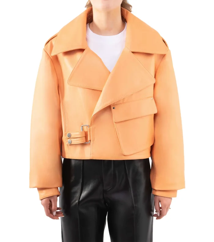 Cropped Leather Jacket Blouse for Women - Orange