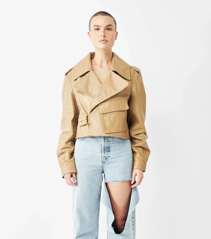 Cropped Blouse Leather Jacket for Women - BEIGE