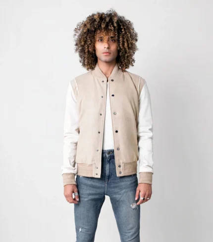 Varsity Jacket Ecru Men Leather Letterman Jacket