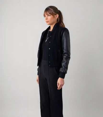 Varsity Jacket Noir Women Leather Letterman Jacket