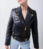 Leather Biker Jacket For Women Golden Edition