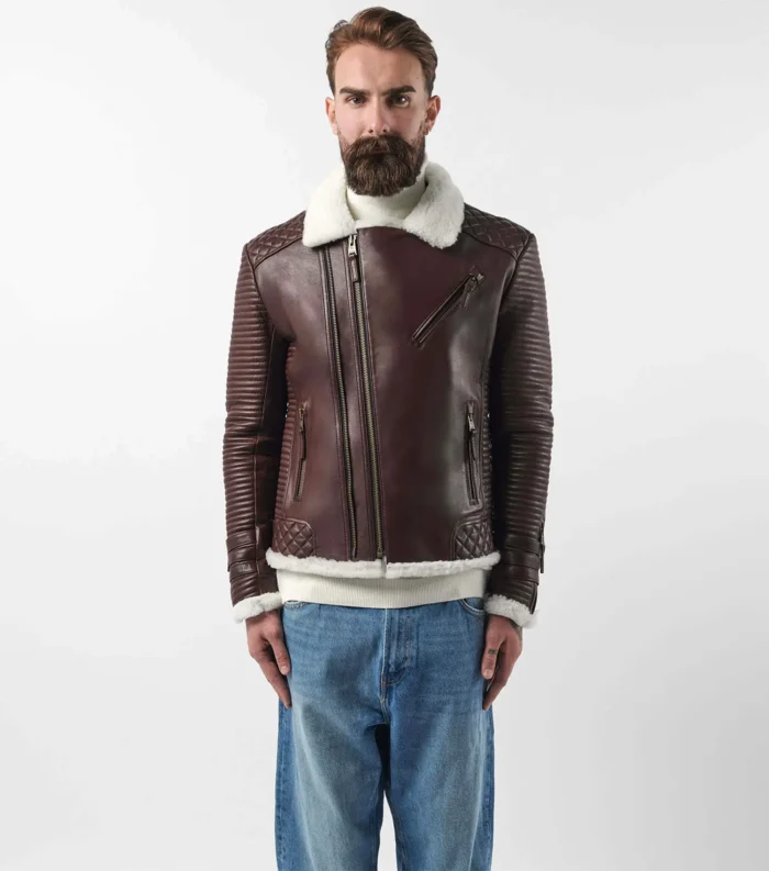 Shearling Leather Jacket Biker Style Alexander - Brown