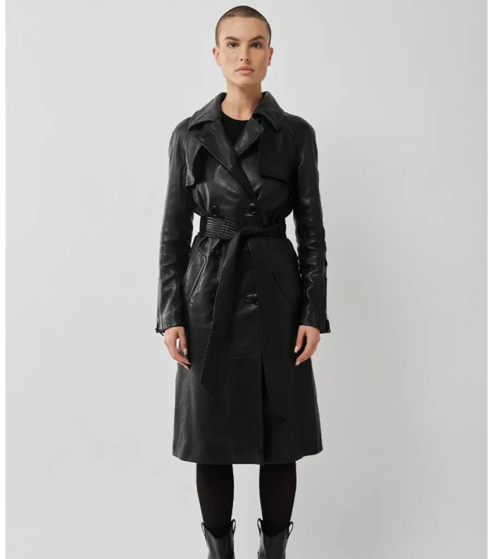 Women Leather Trench Coat Royal Trench - Black