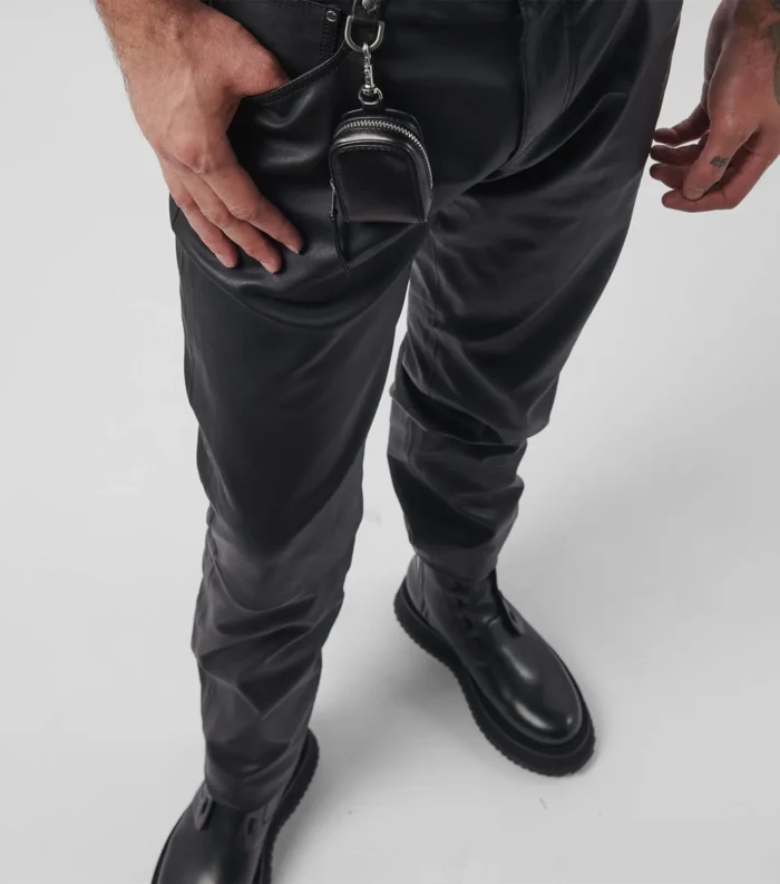 Men Leather Trouser Straight Leg Stretch Pants - Black