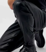 Men Leather Trouser Straight Leg Stretch Pants - Black