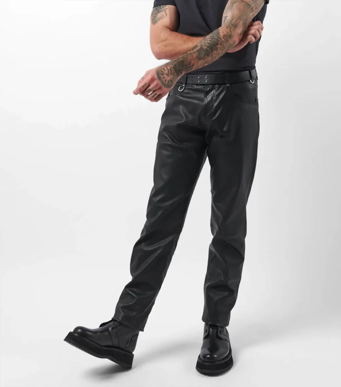 Men Leather Trouser Straight Leg Stretch Pants - Black