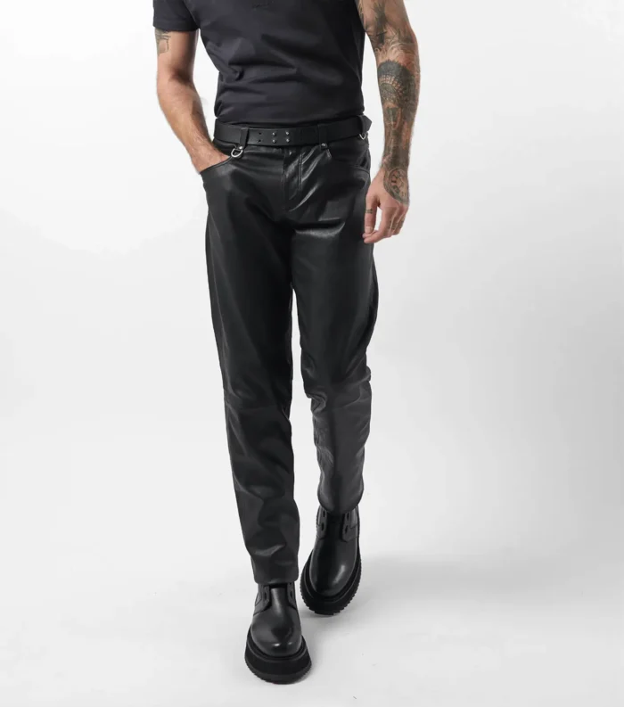 Men Leather Trouser Straight Leg Stretch Pants - Black