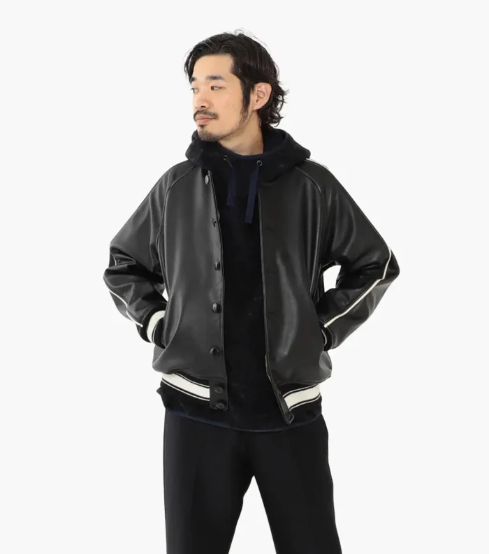 Leather Varsity Jacket Sports Blouson Men - Black