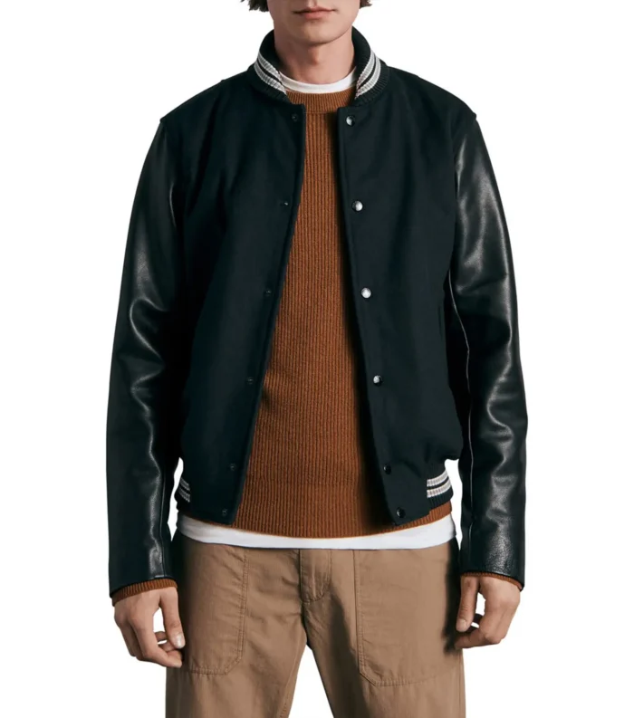 Varsity Bomber Jacket Wool Blend Leather Jacket - Black