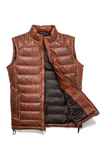 Leather Puffer Vest Vintage Down Vest - TAN