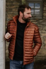 Leather Puffer Jacket Men Leather Down Jacket - Brown