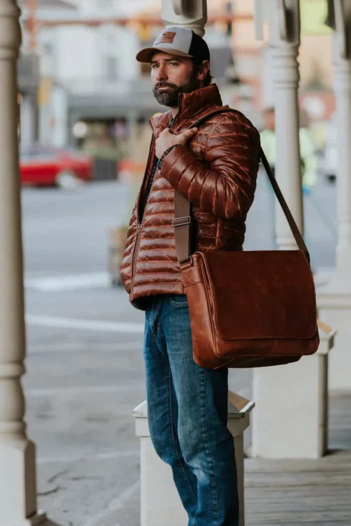 Leather Puffer Jacket Men Leather Down Jacket - Brown