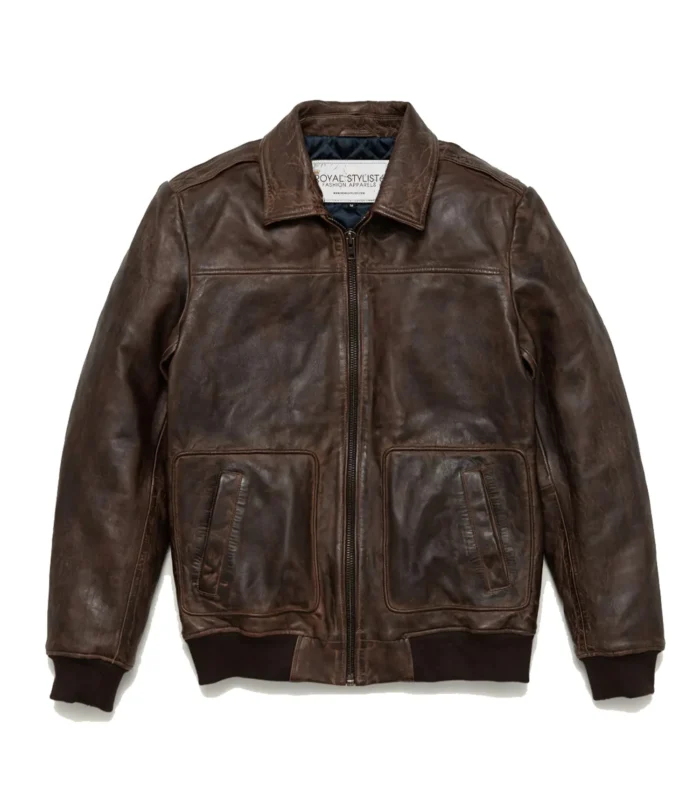 Maverick Leather Bomber Jacket For Men - BROWN