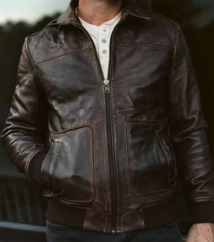 Maverick Leather Bomber Jacket For Men - BROWN