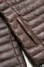 Leather Puffer Jacket Men Leather Down Jacket - Brown