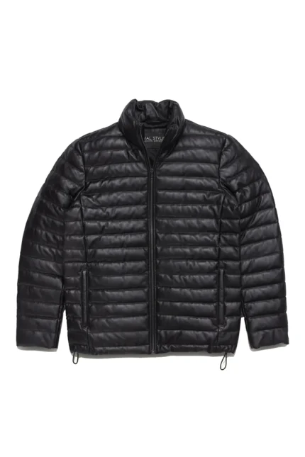 Leather Puffer Jacket Men Leather Down Jacket - Black