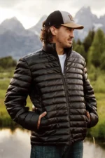 Leather Puffer Jacket Men Leather Down Jacket - Black