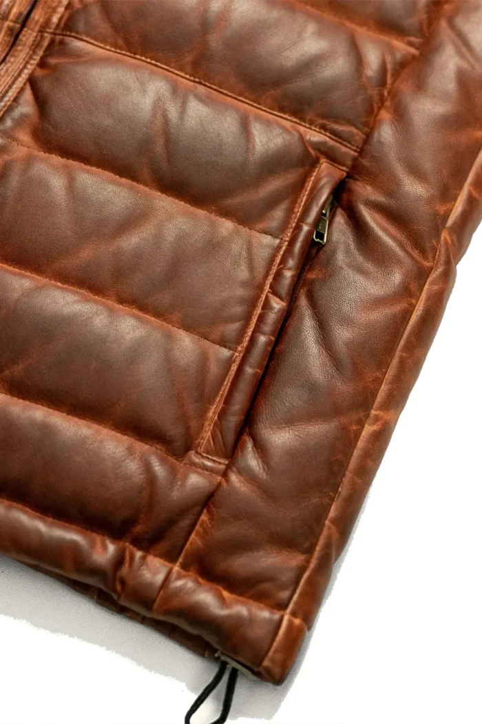 Leather Puffer Vest Vintage Down Vest - TAN