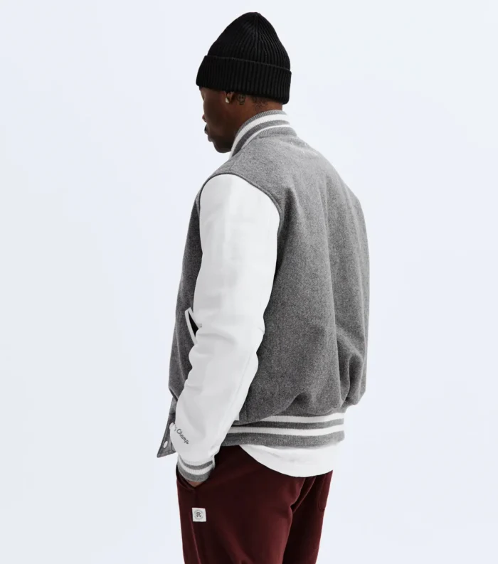 Varsity Bomber Jacket Wool Blend Leather Jacket - Navy