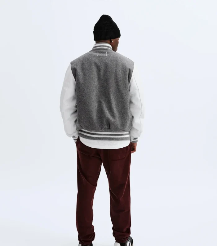 Varsity Bomber Jacket Wool Blend Leather Jacket - Navy