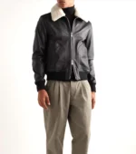 Leather Bomber Jacket Shearling Trimmed Jacket - Black