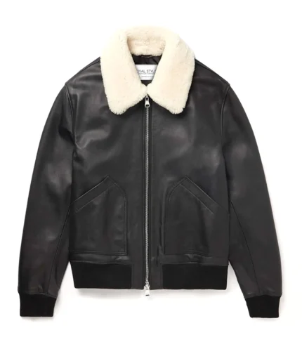 Leather Bomber Jacket Shearling Trimmed Jacket - Black