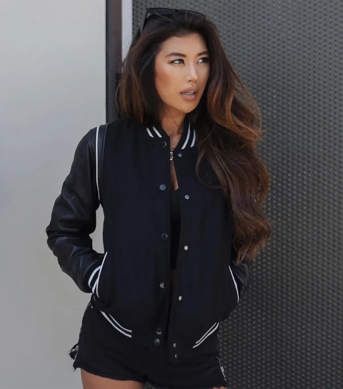 Women Varsity Jacket Exclusive Leather Baseball Jacket - Black