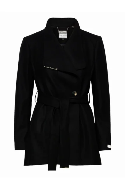 Women Wool Blazer Belted Wrap Coat - Black