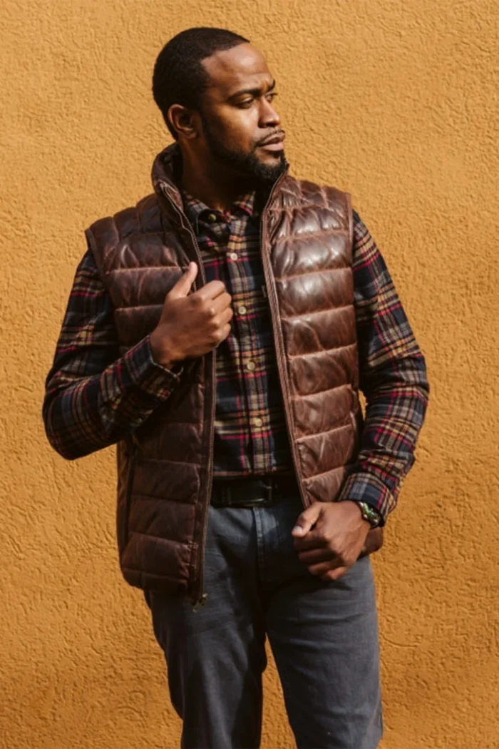 Leather Puffer Vest Vintage Down Vest - Brown