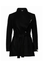 Women Wool Blazer Belted Wrap Coat - Black