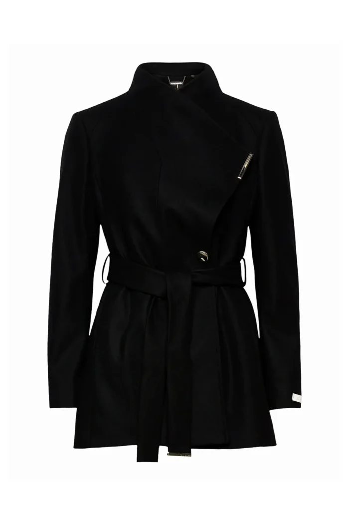 Women Wool Blazer Belted Wrap Coat - Black