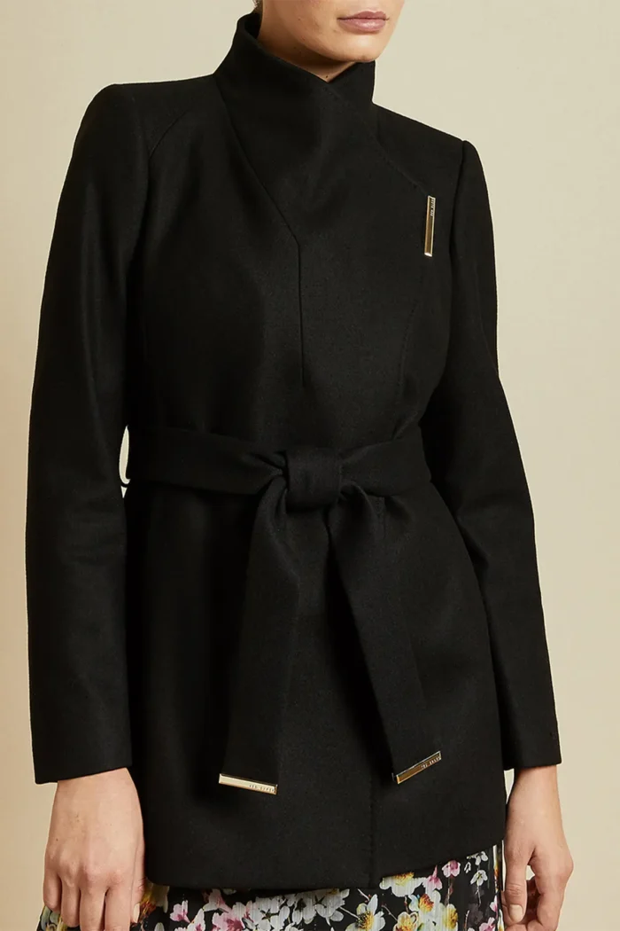 Women Wool Blazer Belted Wrap Coat - Black