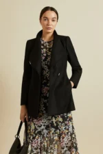 Women Wool Blazer Belted Wrap Coat - Black