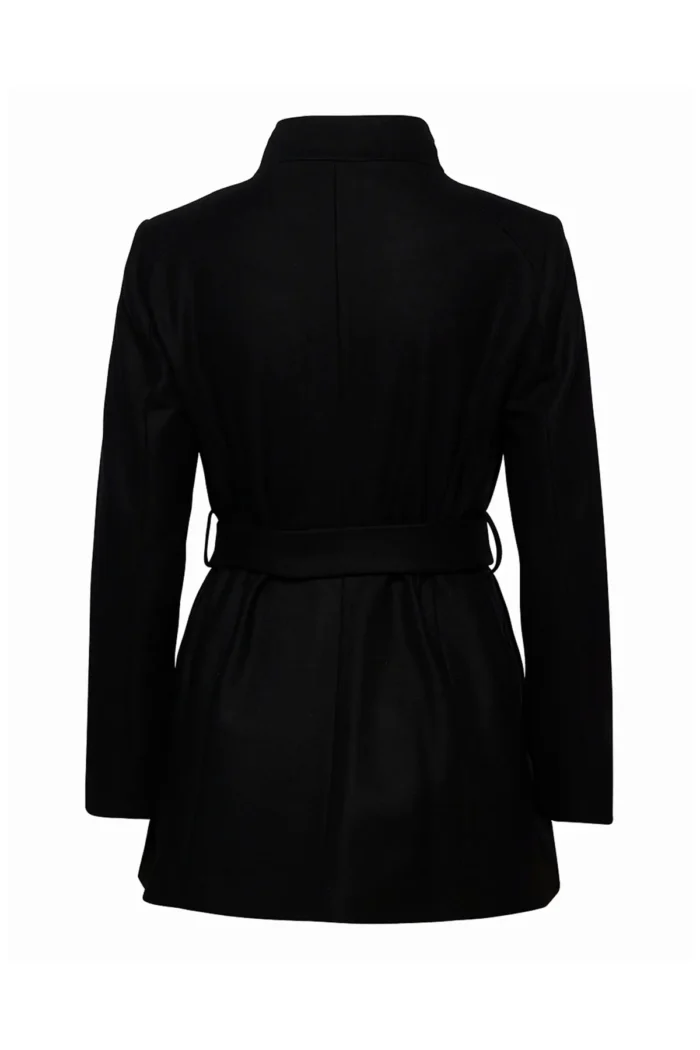 Women Wool Blazer Belted Wrap Coat - Black