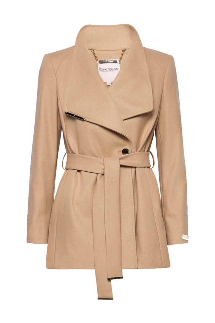 Women Wool Blazer Belted Wrap Coat - Beige