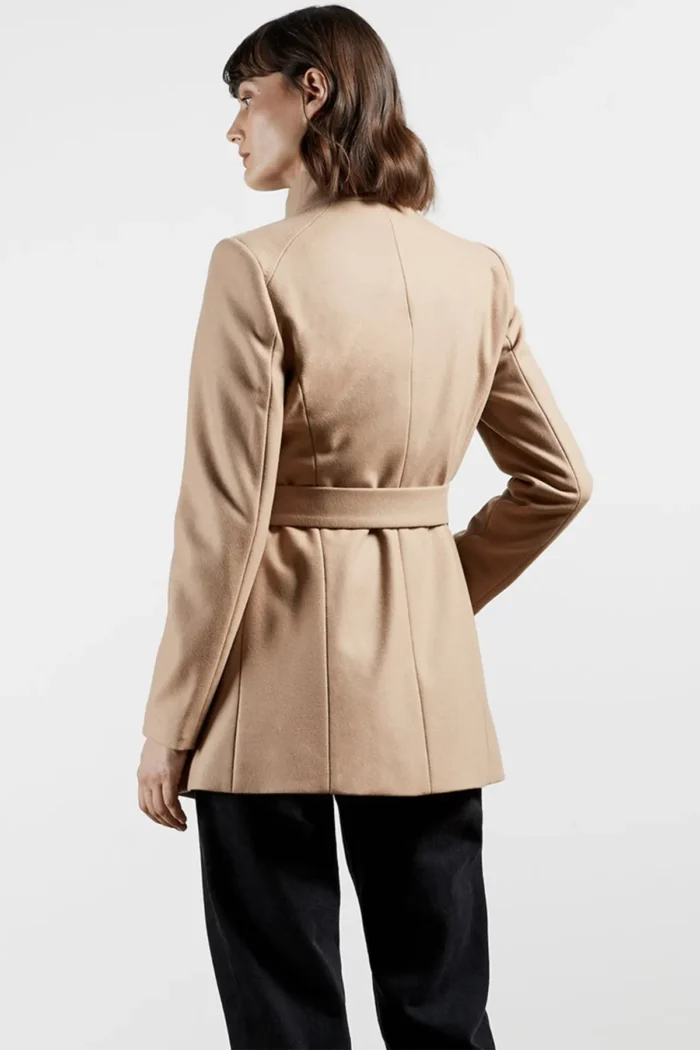 Women Wool Blazer Belted Wrap Coat - Beige