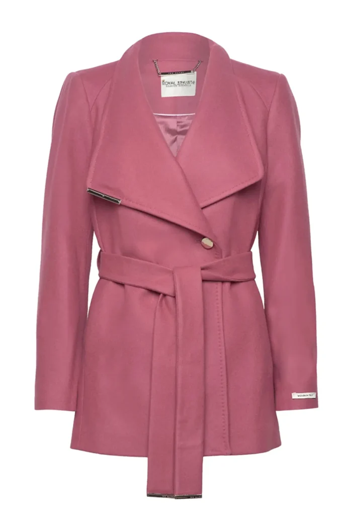 Women Wool Blazer Belted Wrap Coat - Pink