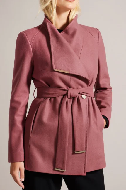 Women Wool Blazer Belted Wrap Coat - Pink