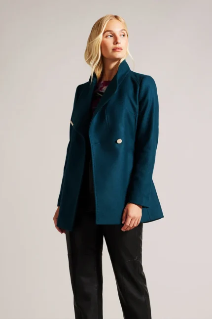 Women Wool Blazer Belted Wrap Coat - Teal