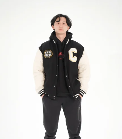 Varsity Jacket Kicks Geek Letterman Jacket - Black