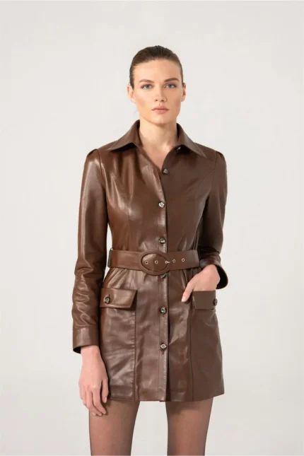 Women Leather Blazer Bianca Leather Long Coat - Brown