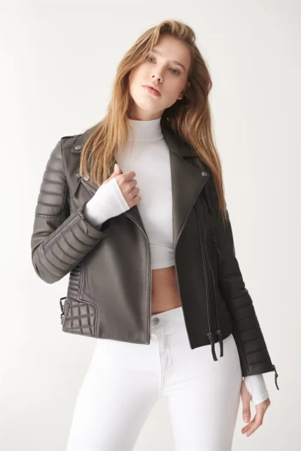 Women Biker Jacket ADA Leather Jacket - Black Brown