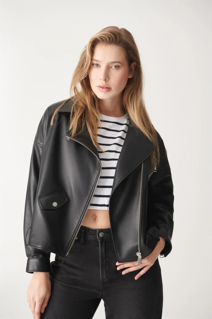 Oversized Biker Leather Jacket HELLEN Women - BLACK