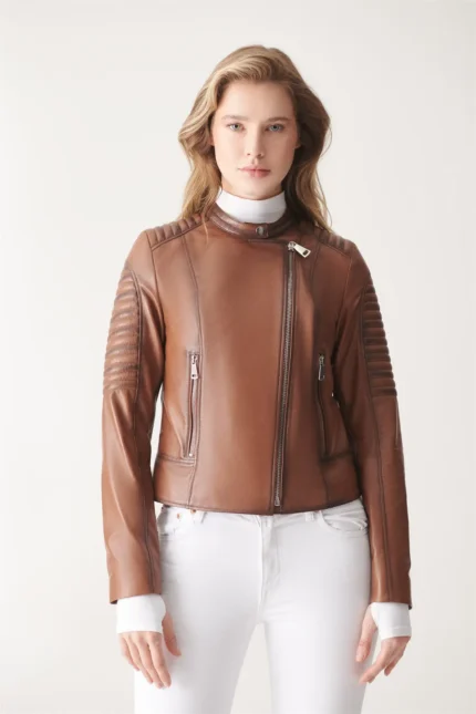 Biker Leather Jacket Renata Women Jacket - Brown