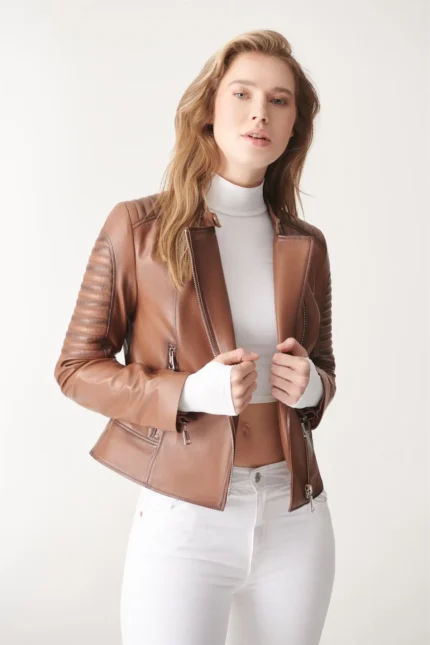 Biker Leather Jacket Renata Women Jacket - Brown